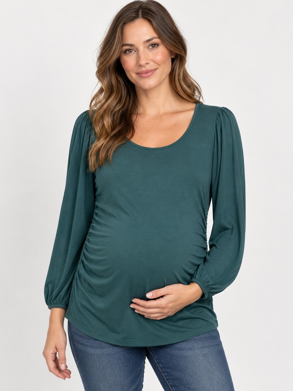 Women's Teal Scoop Neck Maternity Top with Long Puff Sleeves